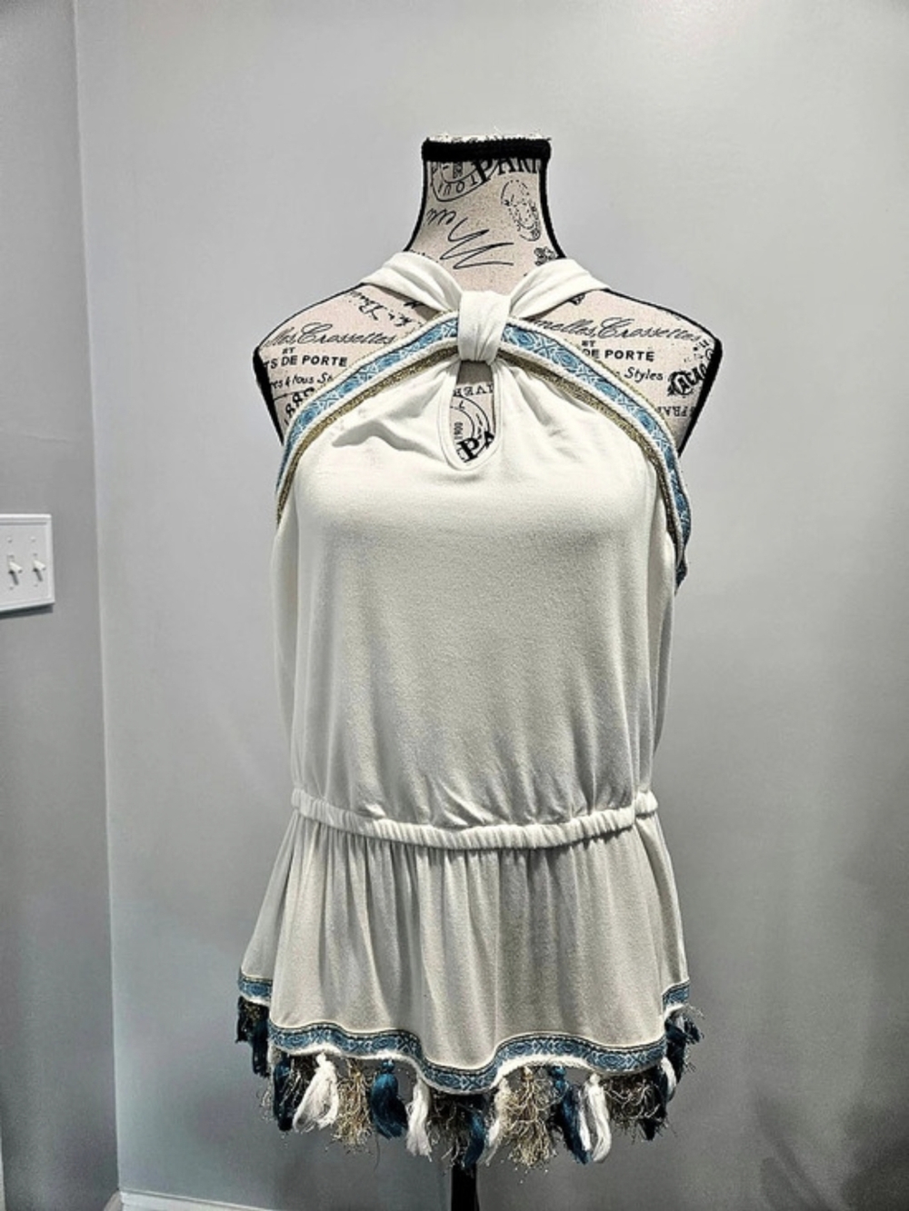 Boston Proper White Blue Embellished Mini Dress Size Medium Like New